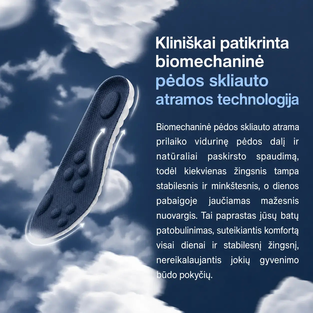 KOMFORTA+ Palaiko pėdos skliautą bei stimuliuoja kraujotaką vienu metu